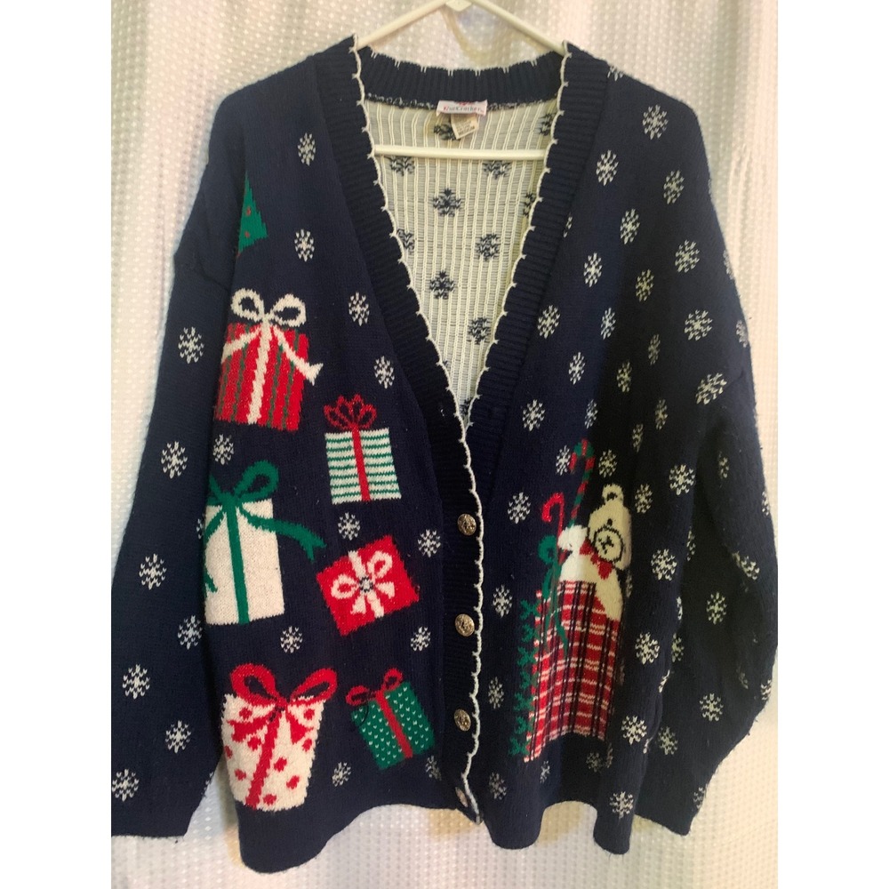 Nutcracker Vintage Christmas Cardigan Navy Blue Gift Bear Snowflake Women Medium